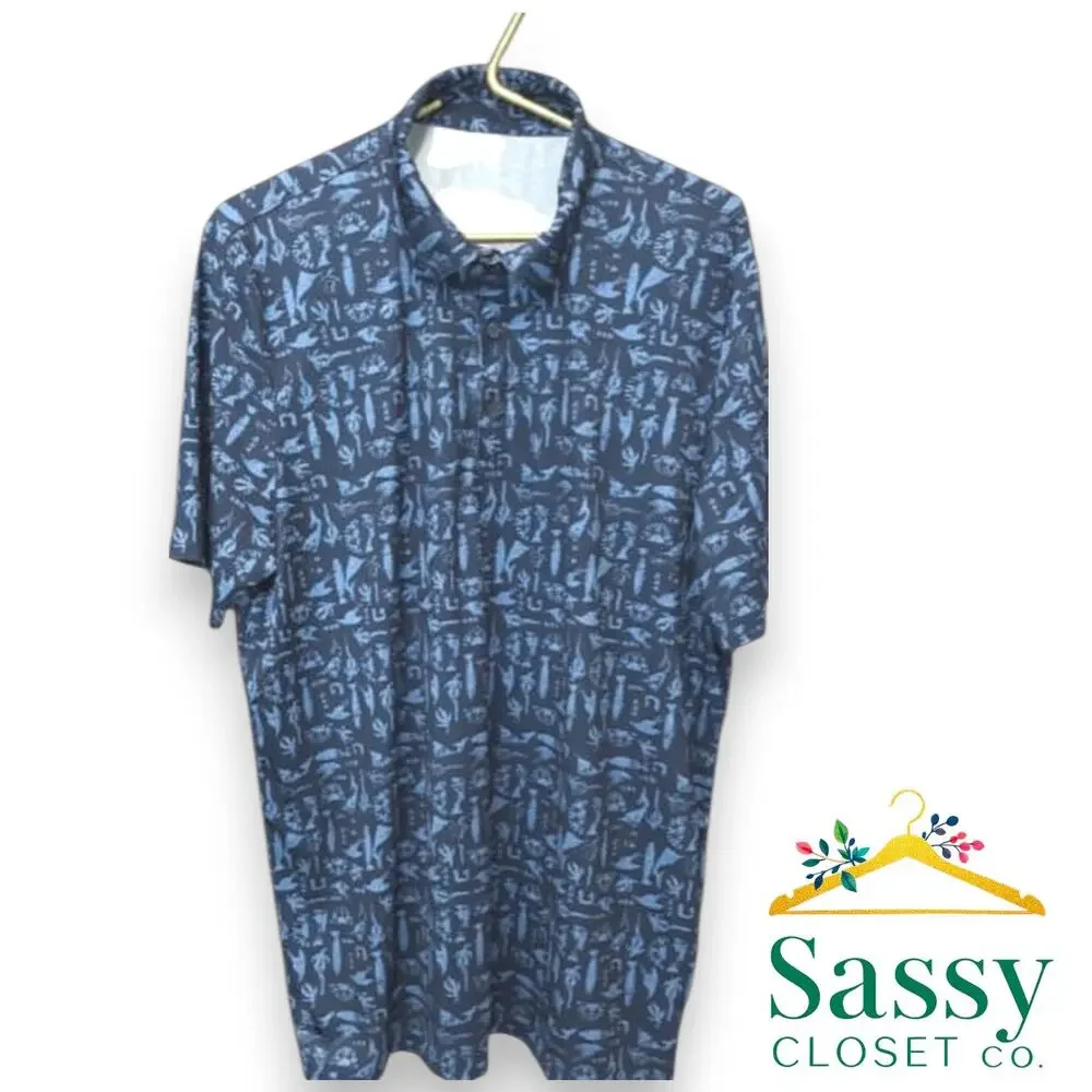 ✨ HUK Men XL Blue Performance Fishing Polo Shirt Fish Print Short Sleeve EUC 🎣